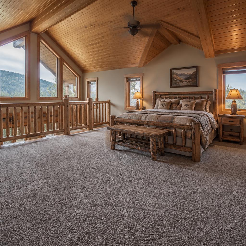 Soft gray textured carpet in a Blue Ridge, GA cabin bedroom loft with vaulted wood ceiling