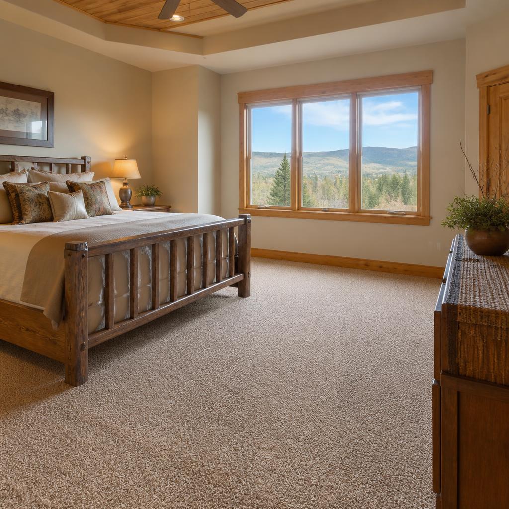 Plush beige carpet freshly installed in a Blairsville, GA mountain home master bedroom with a large window view