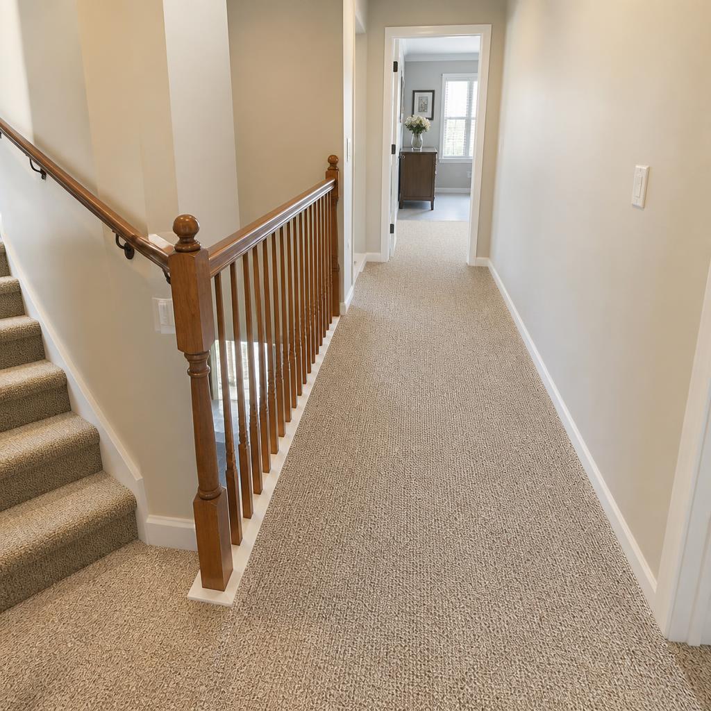 New tan Berber carpet installed on the stairs and upstairs hallway of a North Georgia family home