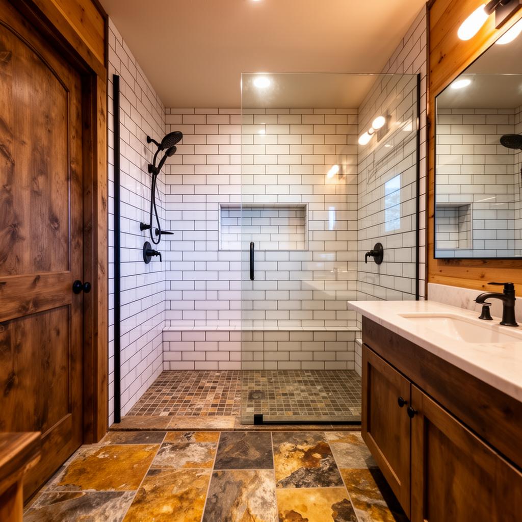 Custom ceramic tile walk-in shower installation with subway tile walls in a Blairsville, GA mountain cabin bathroom