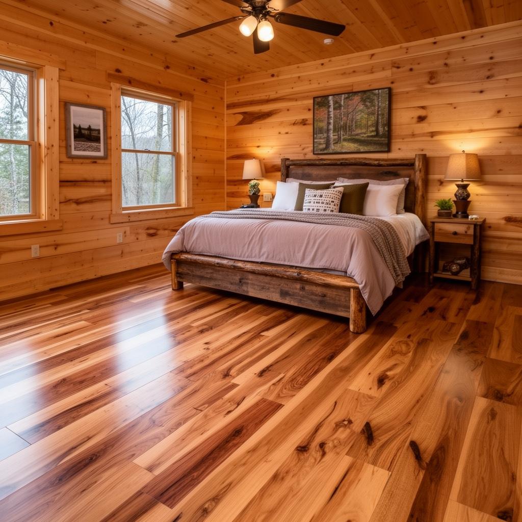 Engineered hardwood flooring in a cozy Blue Ridge, GA mountain cabin bedroom with rustic wood walls and natural lighting