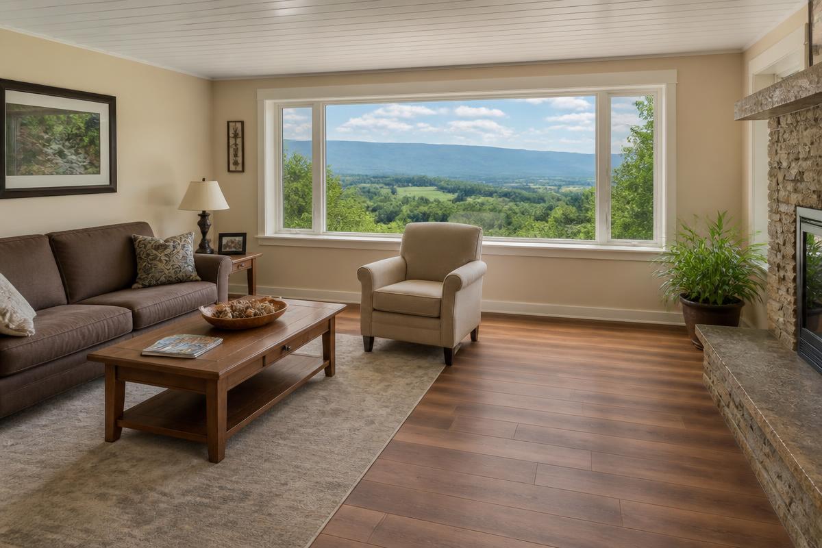 New engineered wood flooring installed in an Andrews, NC valley home living room with a picture window looking out over the Andrews Valley and surrounding Appalachian ridges