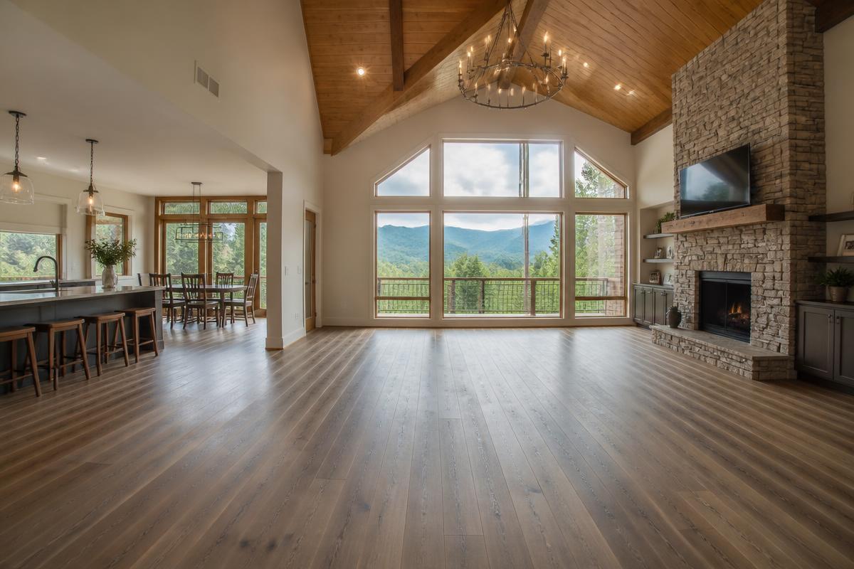 Wide plank flooring installed across an open-concept great room in a Blairsville, GA mountain home with a stone fireplace and mountain views through tall windows