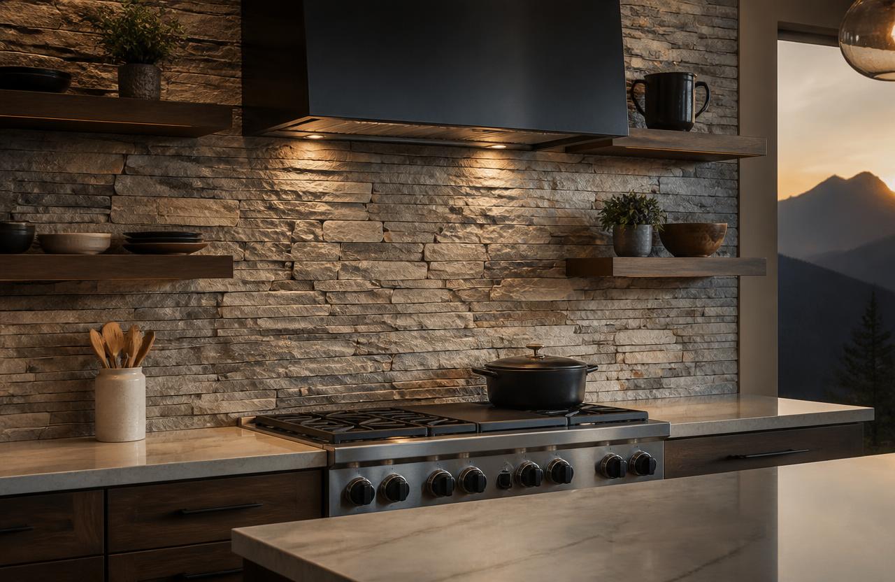 Full-height stacked stone kitchen backsplash running counter to ceiling behind a gas range in a modern North Georgia mountain home