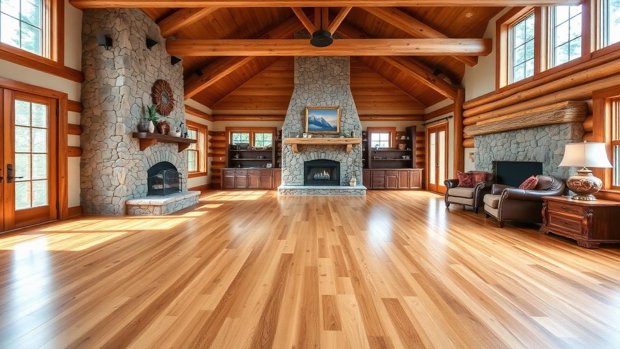 Hardwood floor installation in a Blue Ridge, GA mountain cabin great room with stone fireplace and exposed beams