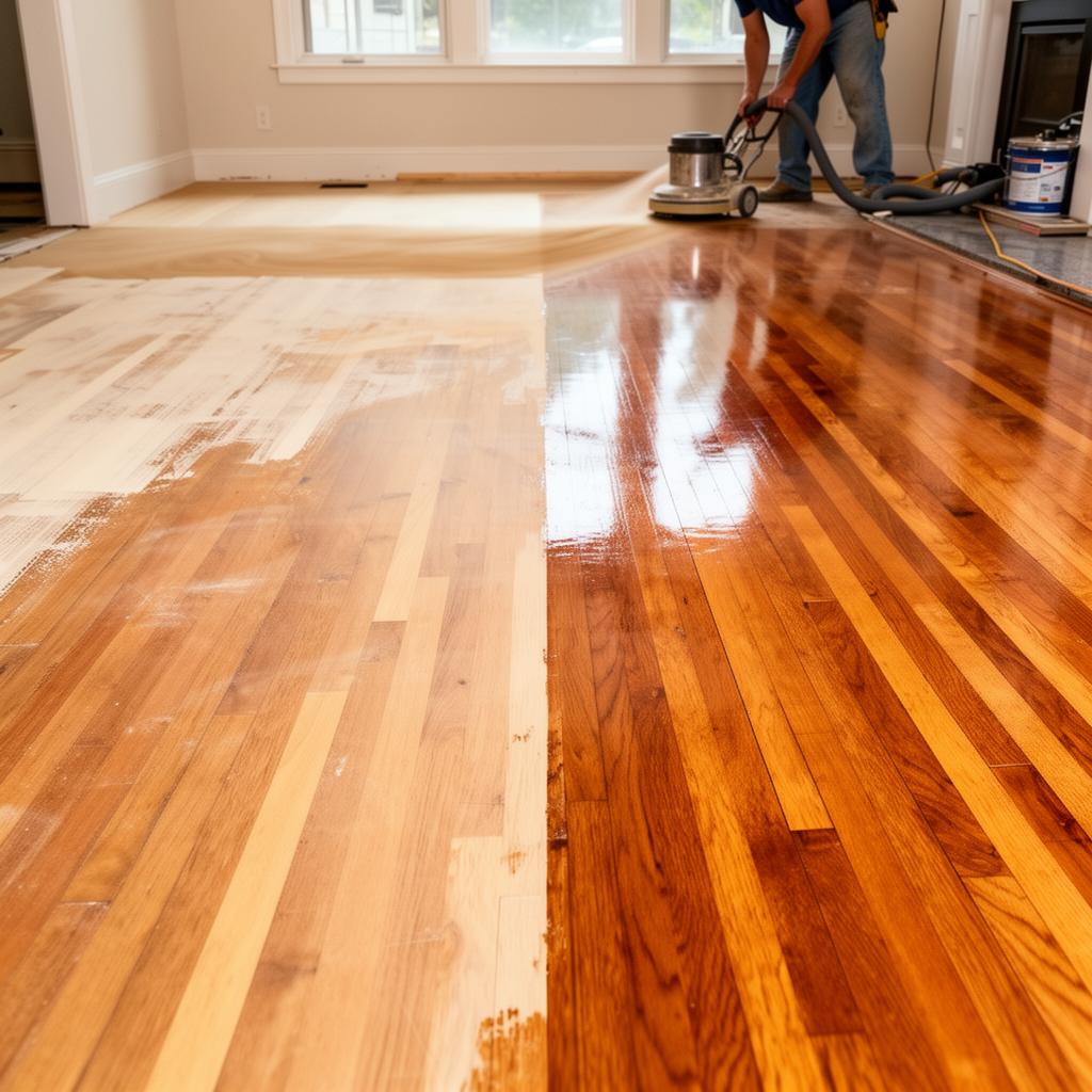 Professional hardwood floor refinishing showing before and after transformation in a North Georgia home