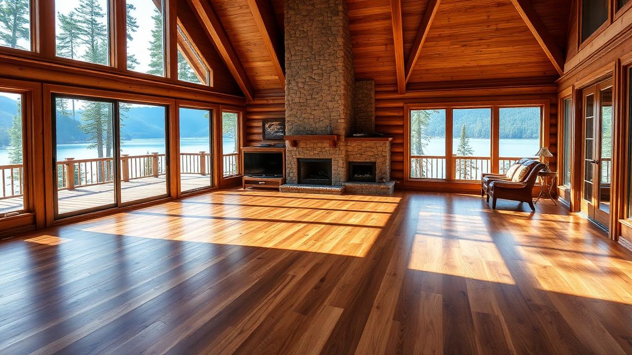 Hickory hardwood flooring in a Lake Nottely, Blairsville, GA cabin living room with stone fireplace and panoramic lake views