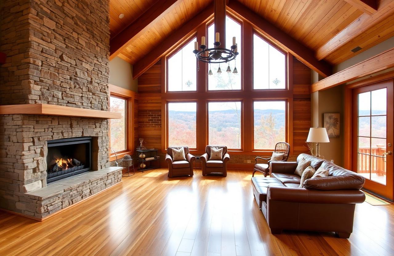 Engineered hickory hardwood floors in an Ellijay, GA mountain home great room with stacked stone fireplace and apple-orchard views