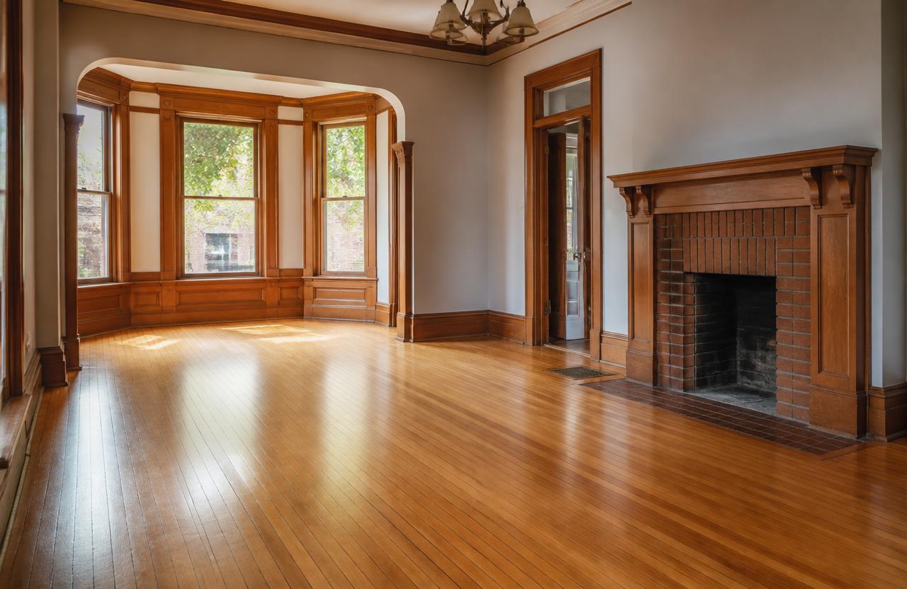 Refinished original oak hardwood flooring in the living room of a historic home near the Dahlonega, GA Public Square