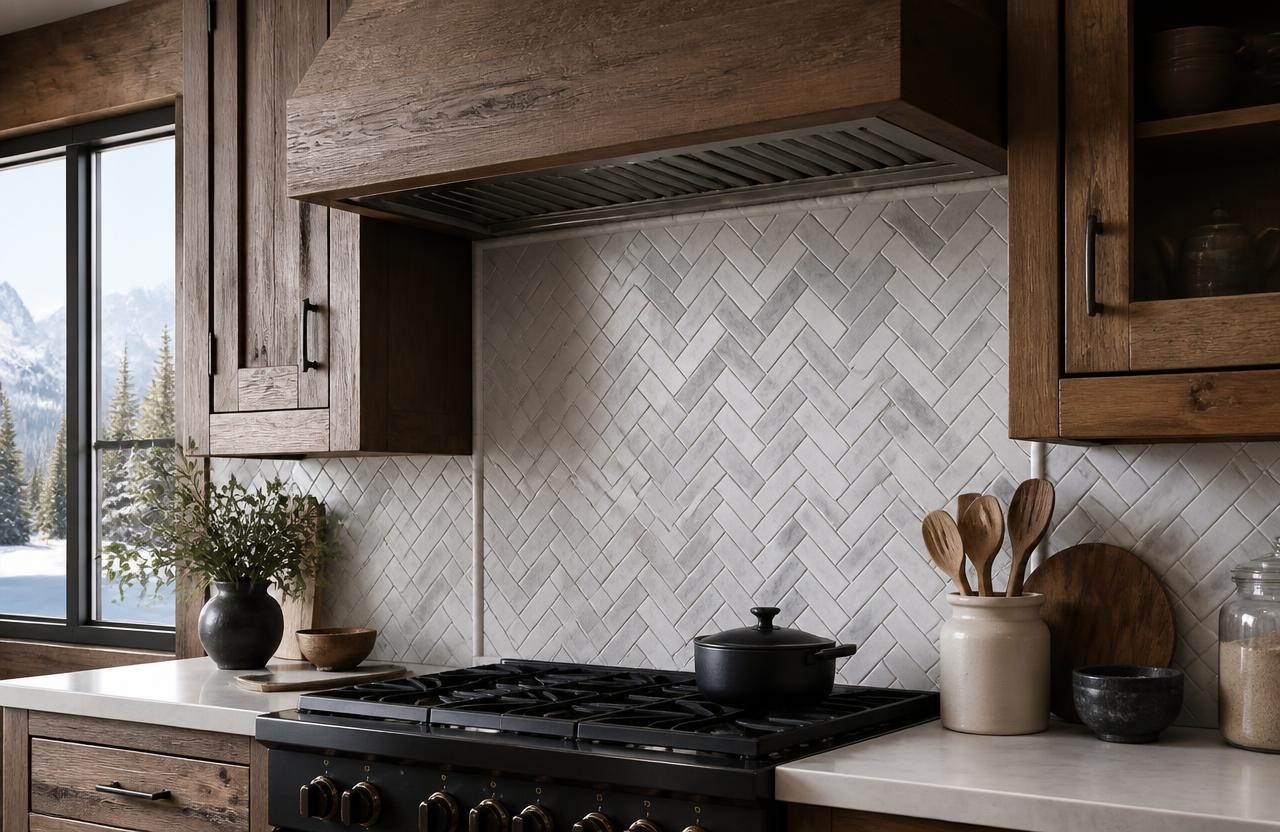 Marble herringbone kitchen backsplash installed behind a black range and wood vent hood in a North Georgia mountain cabin kitchen