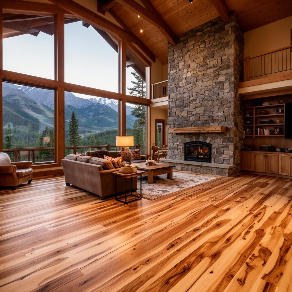 Wide plank hickory hardwood flooring in a mountain home living room with stone fireplace and mountain views in Blairsville, GA