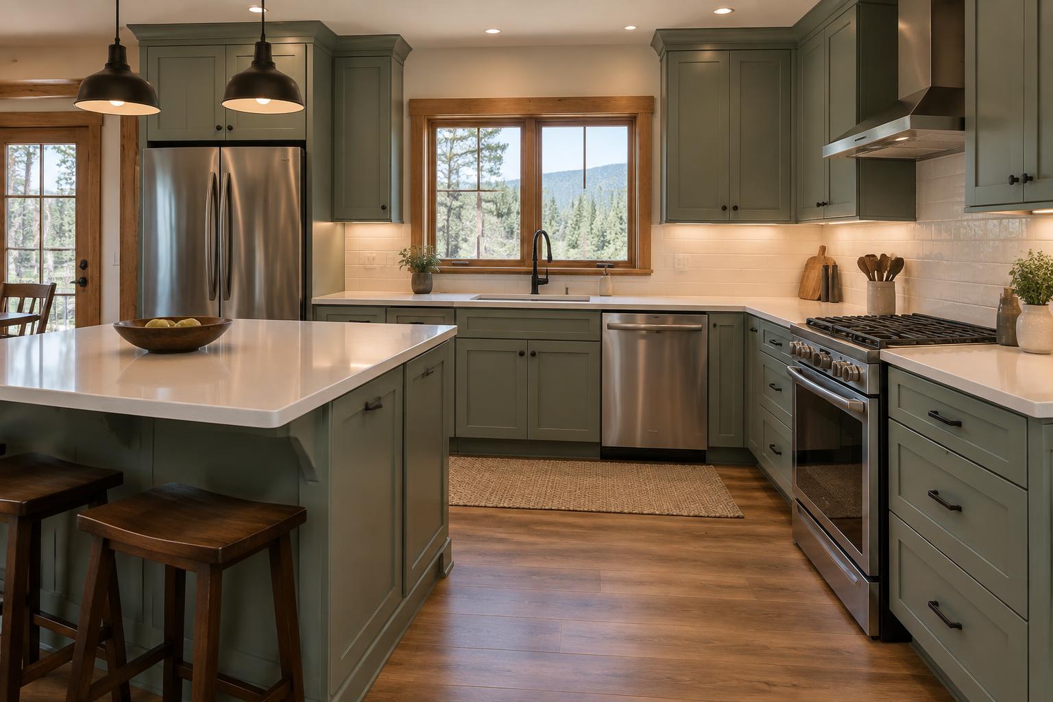Sage green cabinets, quartz countertops, and wood-look flooring in a practical Union County, GA kitchen design