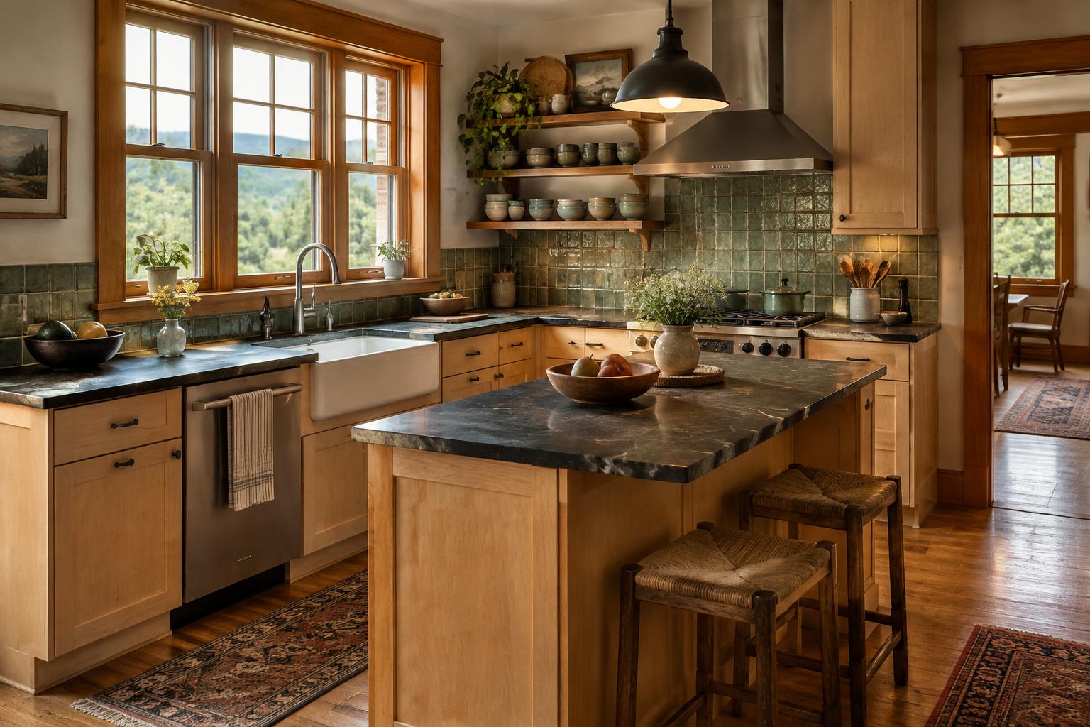 Craftsman-style Brasstown, NC kitchen design with maple cabinets, dark counters, handmade-look green tile, and preserved wood trim