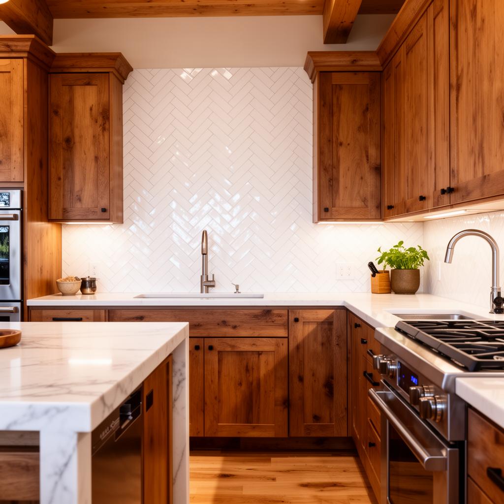 Herringbone tile backsplash installation in a North Georgia mountain home kitchen with wood cabinets