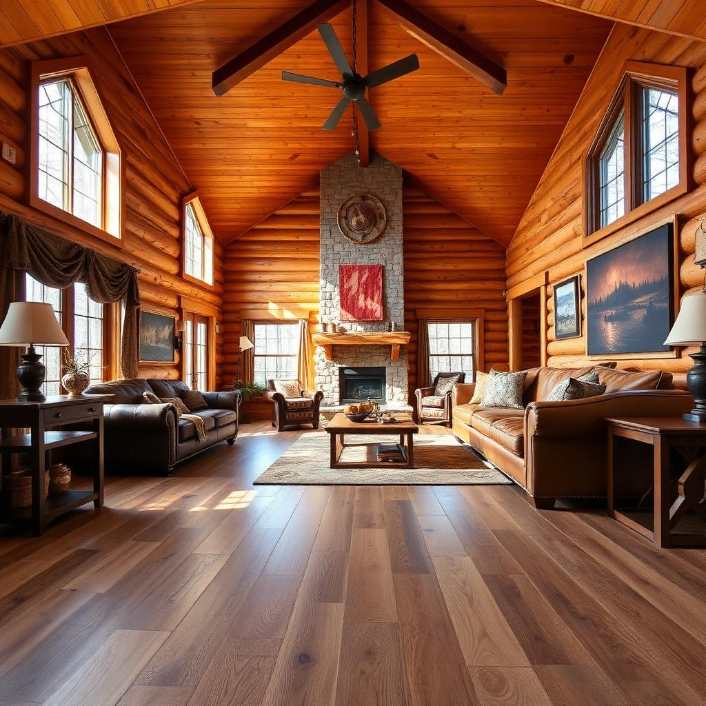Wide-plank wood-look laminate flooring installed in a North Georgia mountain cabin great room