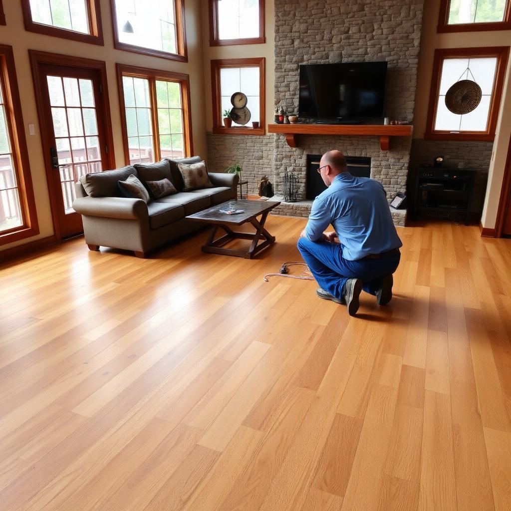 Professional laminate flooring installation in progress in a Blairsville, GA living room by O-T Tile and Flooring