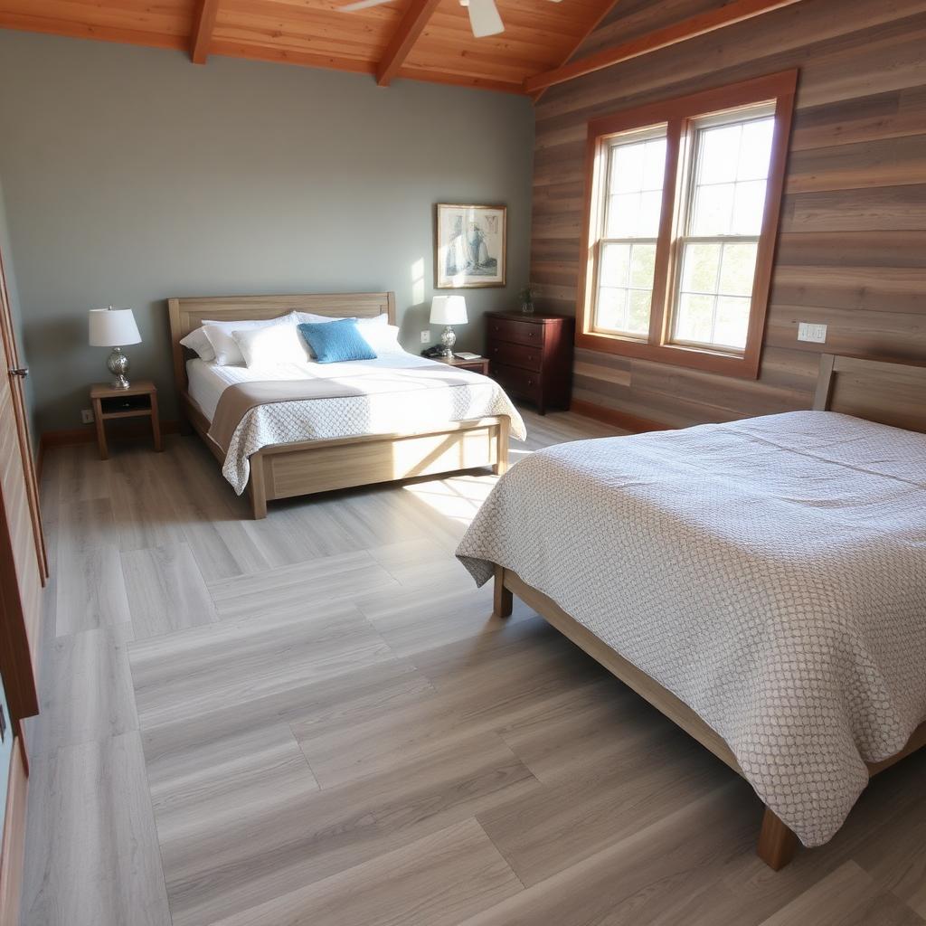 AC4-rated laminate flooring in a Blue Ridge, GA vacation rental bedroom with light gray-brown planks