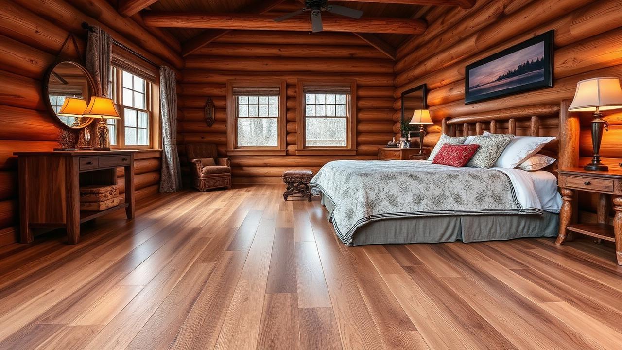 Luxury vinyl plank flooring in a cozy Blairsville, GA log cabin bedroom with warm lighting and rustic mountain decor