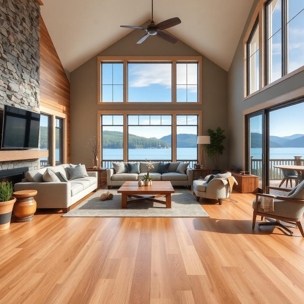 Wide-plank wood-look luxury vinyl plank flooring in a Murphy, NC lake house living room near Lake Hiwassee with mountain and water views