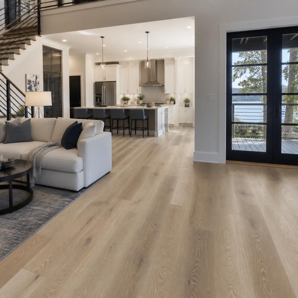Wide-plank waterproof luxury vinyl plank flooring in the open-concept living and kitchen area of a Gainesville, GA Lake Lanier lake home