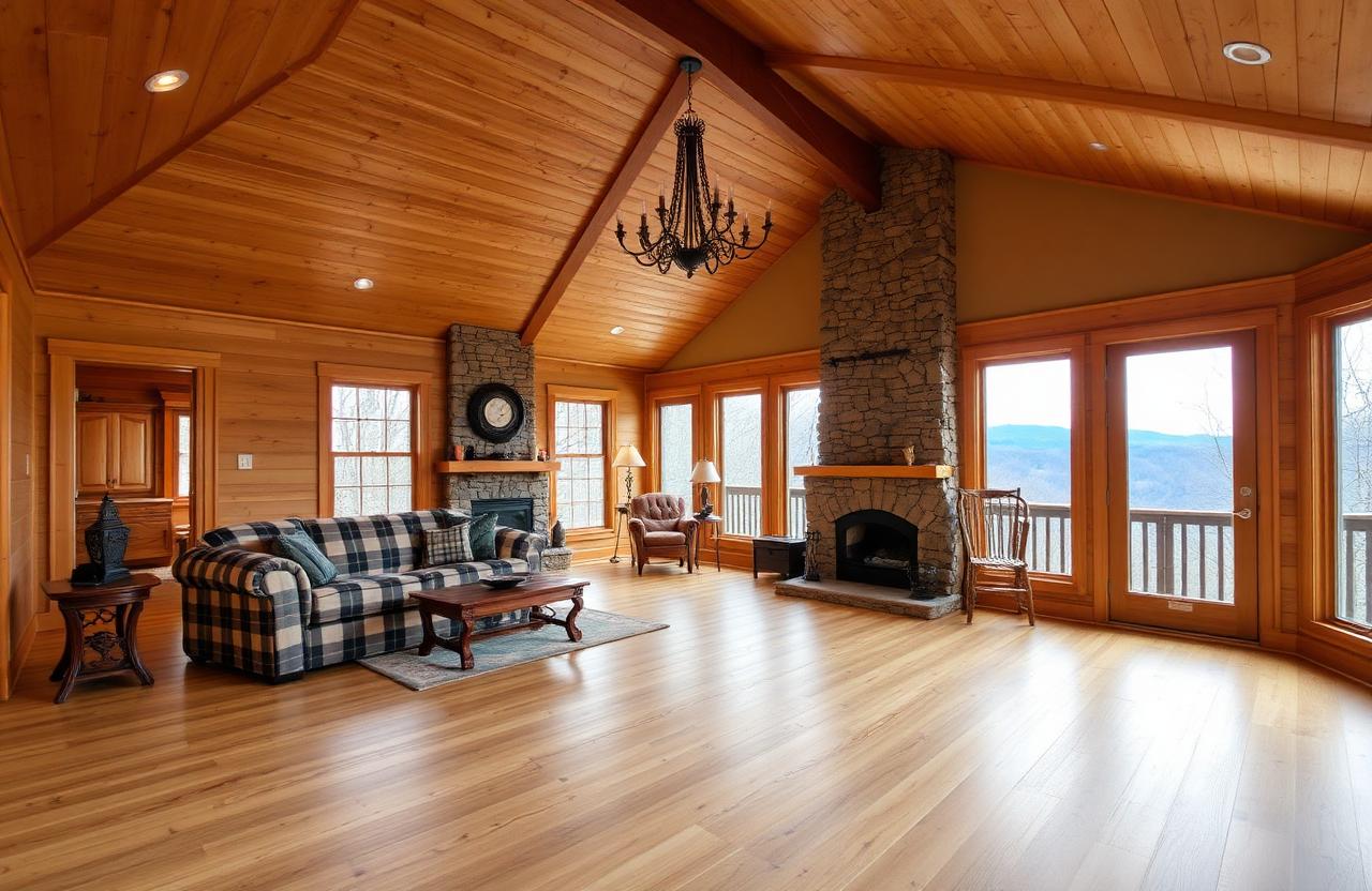 Wide-plank wood-look luxury vinyl plank flooring in an Ellijay, GA vacation rental cabin living room with vaulted ceilings and Blue Ridge Mountain views