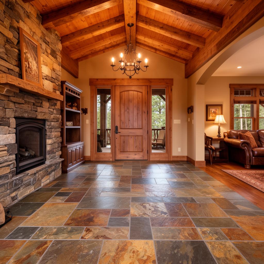 Natural stone slate tile floor installation in a rustic North Georgia mountain cabin with stone fireplace and vaulted wood ceiling