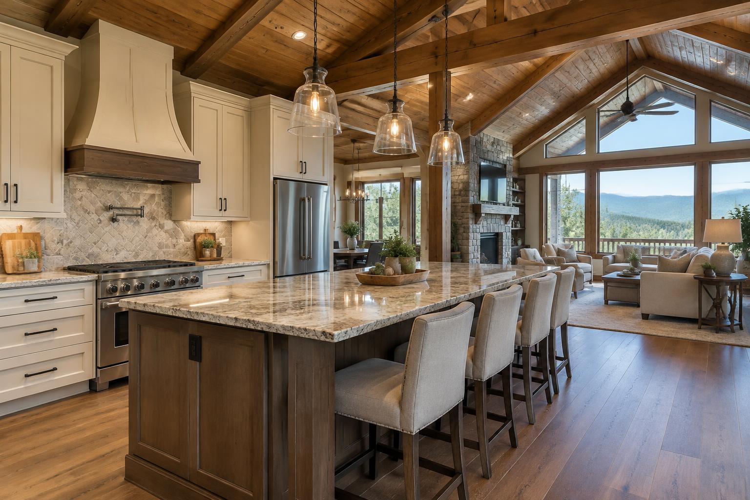 Open-concept Blairsville, GA kitchen renovation with cream cabinets, stone counters, tile backsplash, and retained timber ceiling