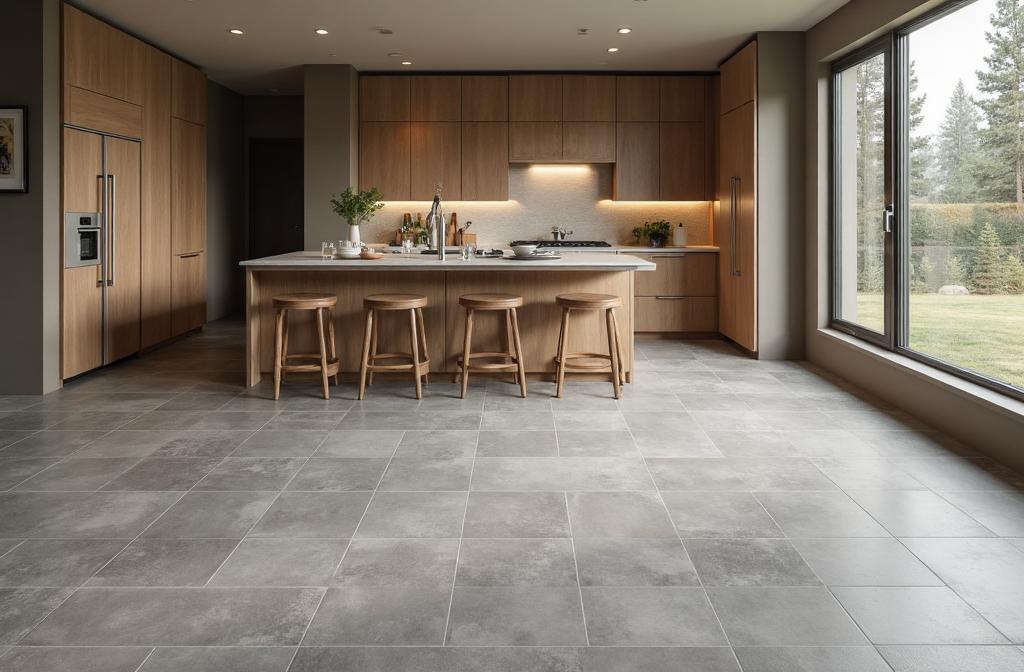 Porcelain tile kitchen floor with a clean modern finish installed in Blue Ridge, GA