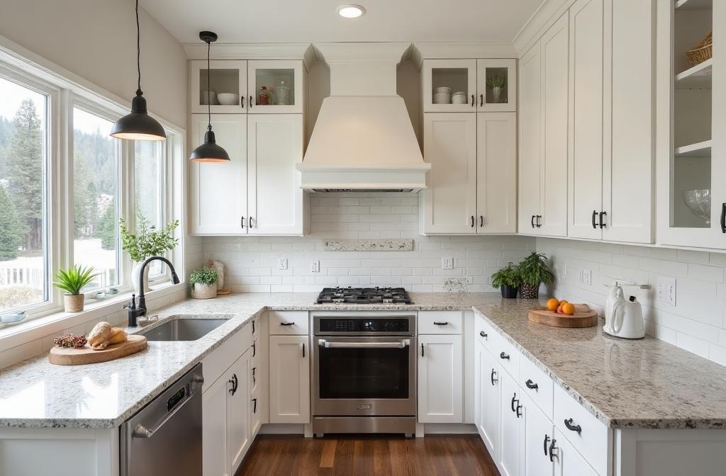 Newly remodeled kitchen with custom cabinetry and tile backsplash in Blairsville, GA