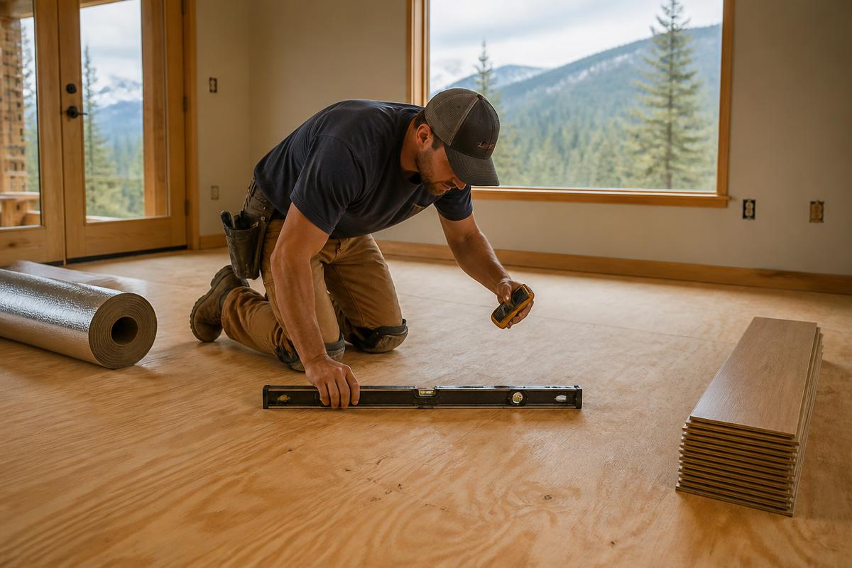 Flooring installer checking a plywood subfloor for level and moisture before installing new plank flooring in a Union County, GA mountain home
