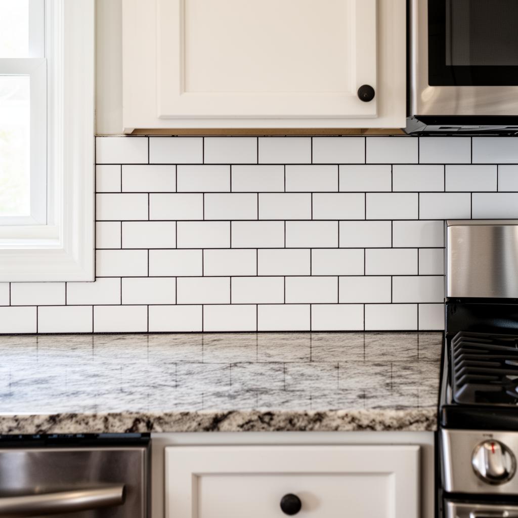Professional white subway tile kitchen backsplash with dark grout installed by O-T Tile & Flooring in a North Georgia home