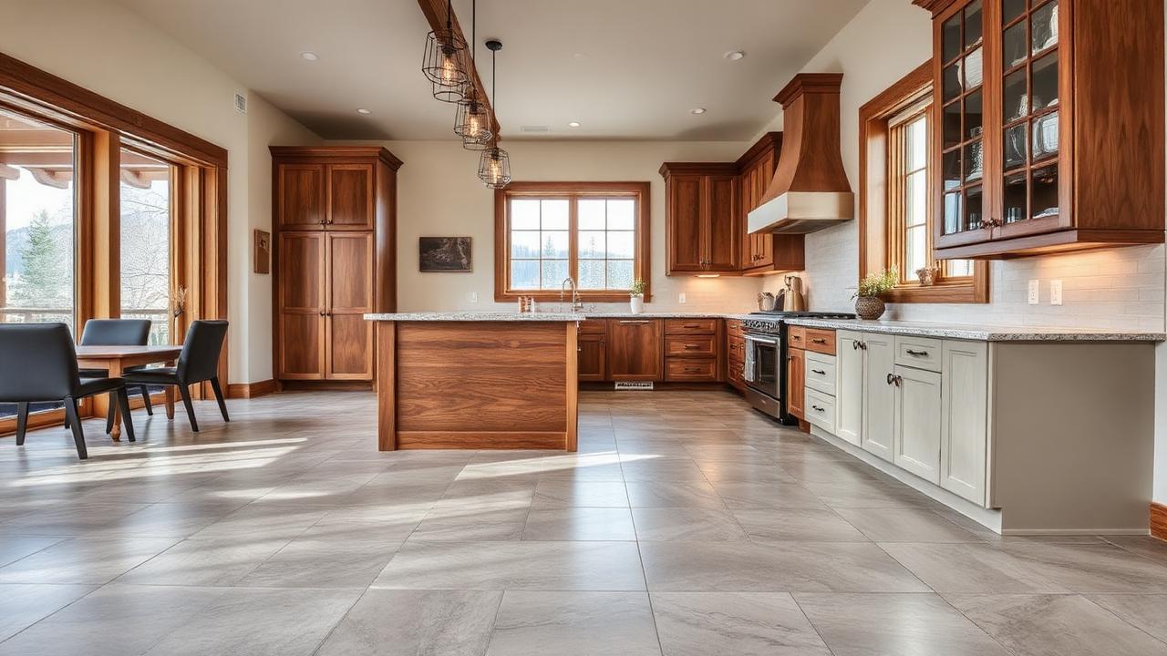 Professional porcelain tile floor installation in a Blairsville, GA mountain home kitchen with wood cabinets and granite countertops