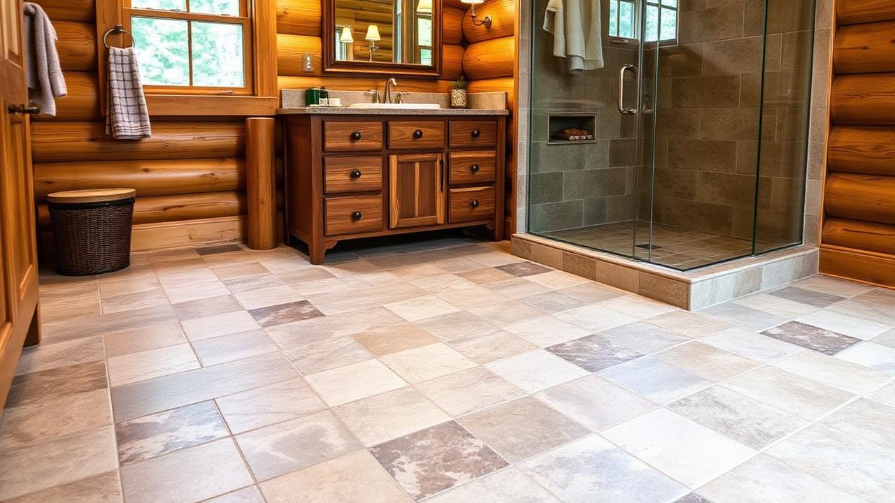 Professional tile flooring installation in a Blue Ridge, GA mountain cabin bathroom with natural stone tile and glass shower surround