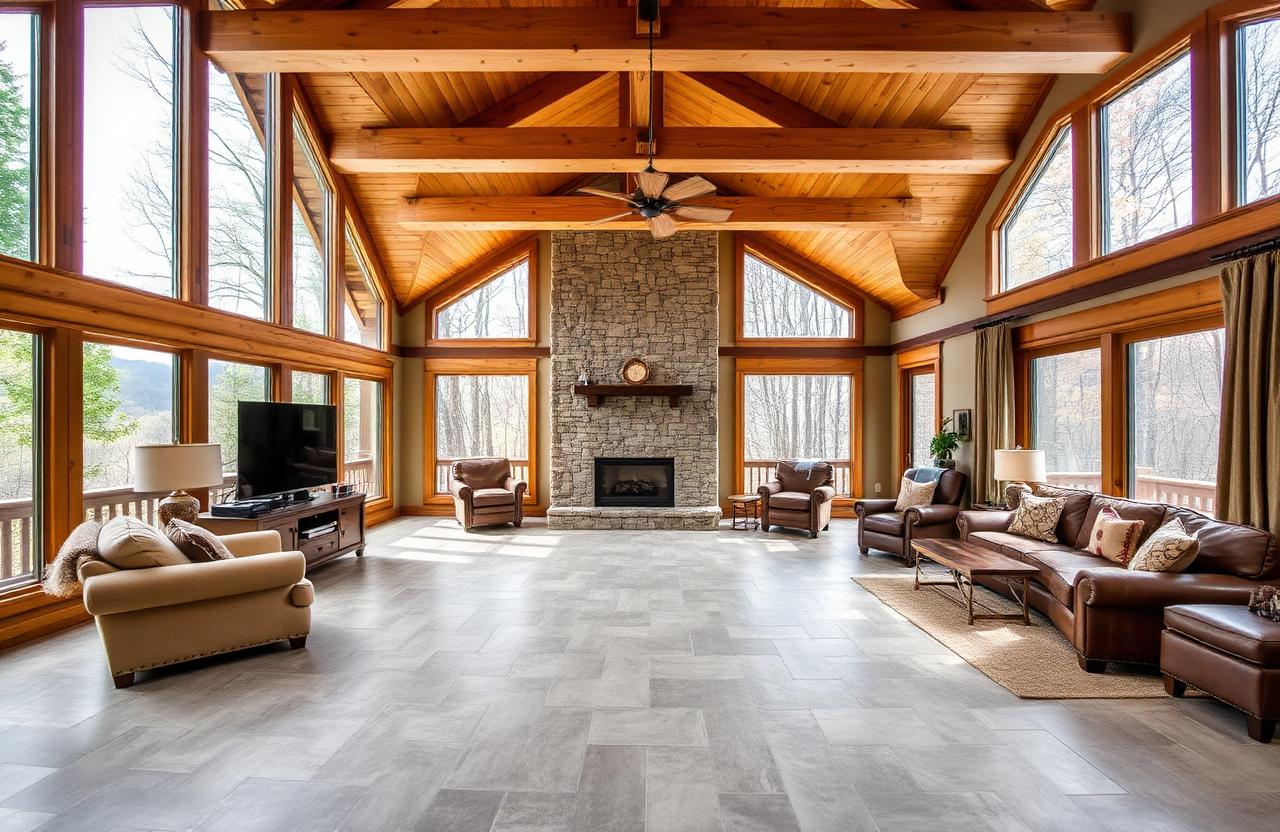Large-format porcelain tile floor installed in an Ellijay, GA mountain cabin great room with stone fireplace and exposed beams