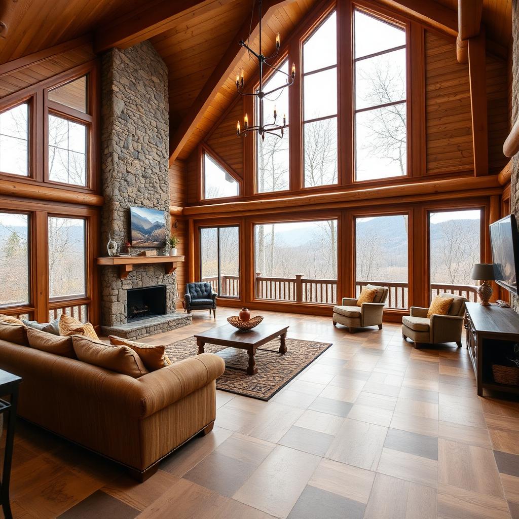 Large-format porcelain tile floor installed in a Murphy, NC mountain cabin great room with stacked stone fireplace, vaulted ceiling and Smoky Mountain views