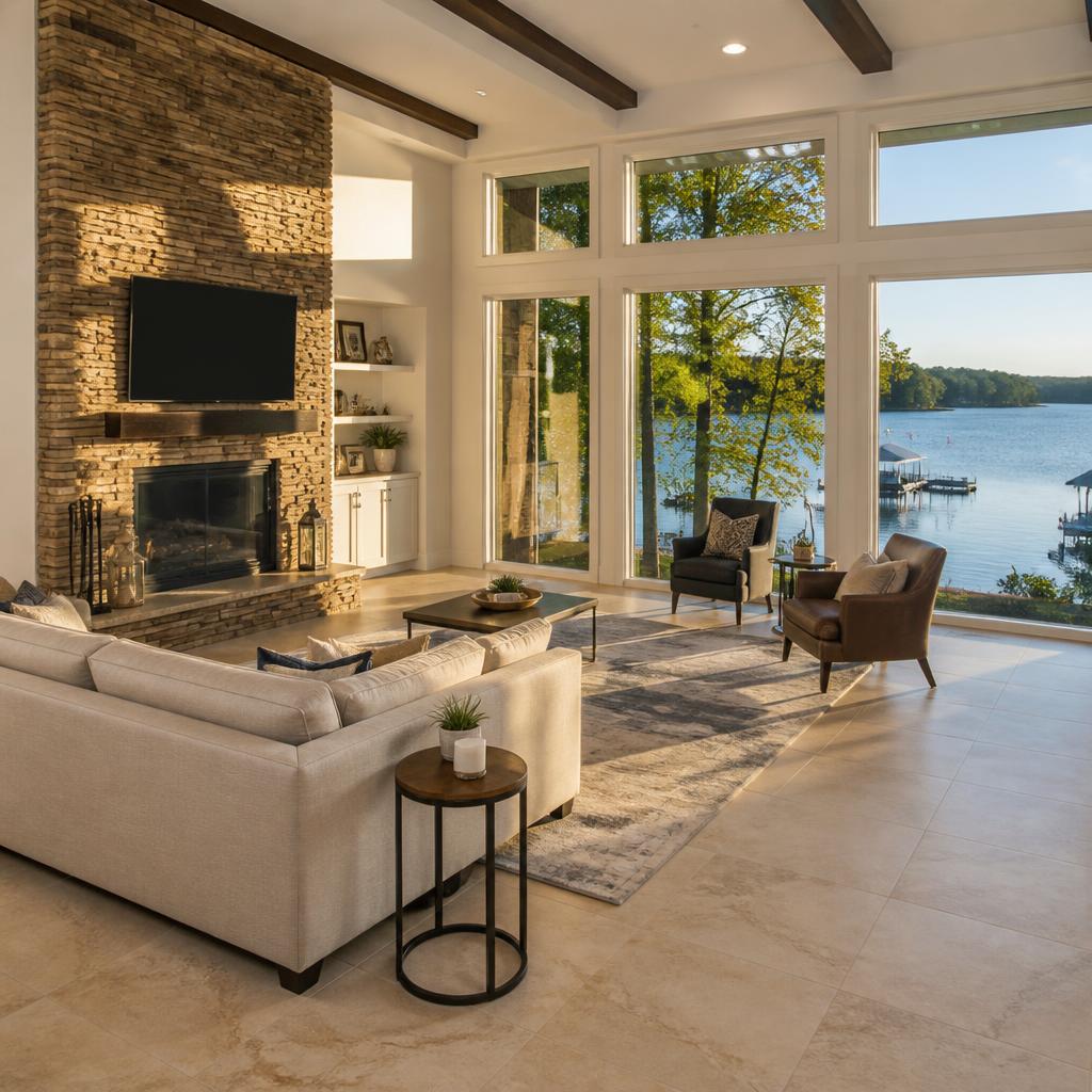 Large-format porcelain tile floor installed in a Lake Lanier waterfront home living room in Gainesville, GA with stacked stone fireplace and floor-to-ceiling lake views