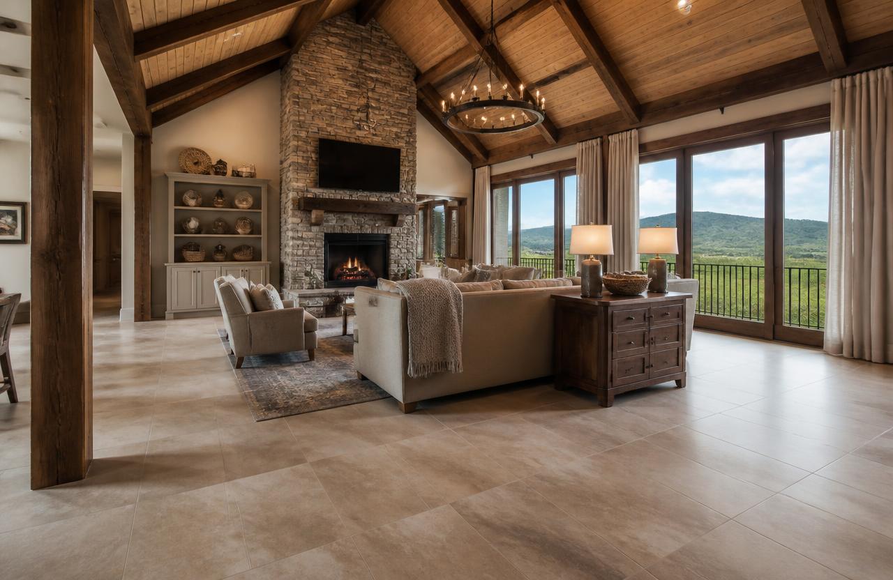 Large-format porcelain tile flooring in the vaulted great room of a wine-country home near Dahlonega, GA with a stone fireplace and mountain views