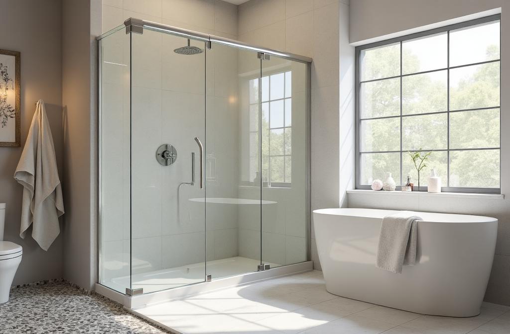Custom walk-in tile shower installation with glass door in a Murphy, NC bathroom