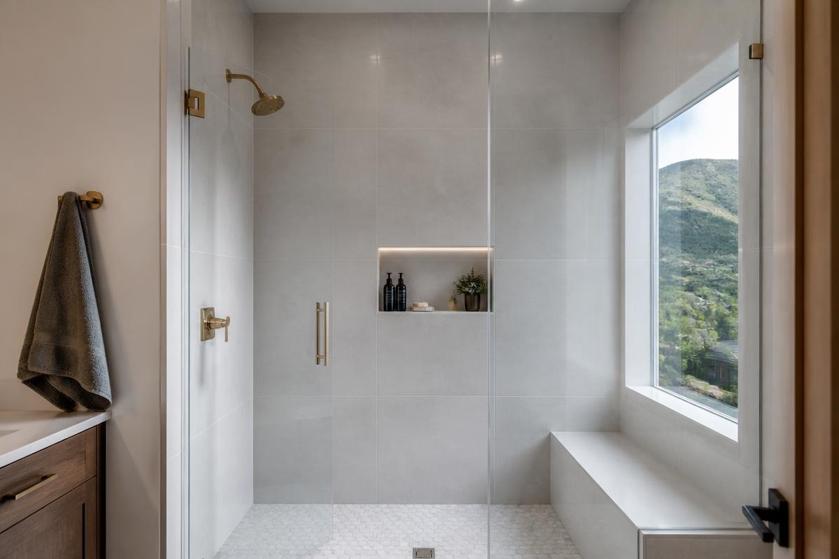Curbless walk-in tile shower with a built-in bench and niche installed during a bathroom remodel for an Andrews, NC homeowner