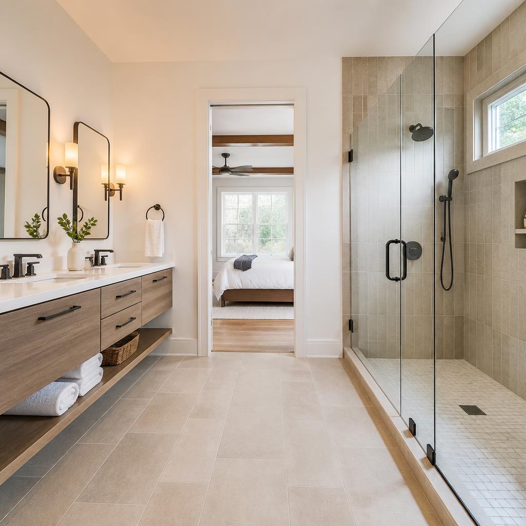 Modern master bathroom remodel in a Gainesville, GA home featuring a large walk-in tile shower with glass door and porcelain tile floor by O-T Tile and Flooring