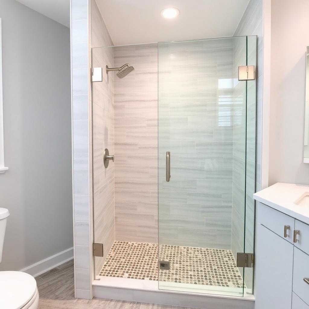 Custom walk-in tile shower with glass door and mosaic floor in a Murphy, NC bathroom remodel by O-T Tile and Flooring