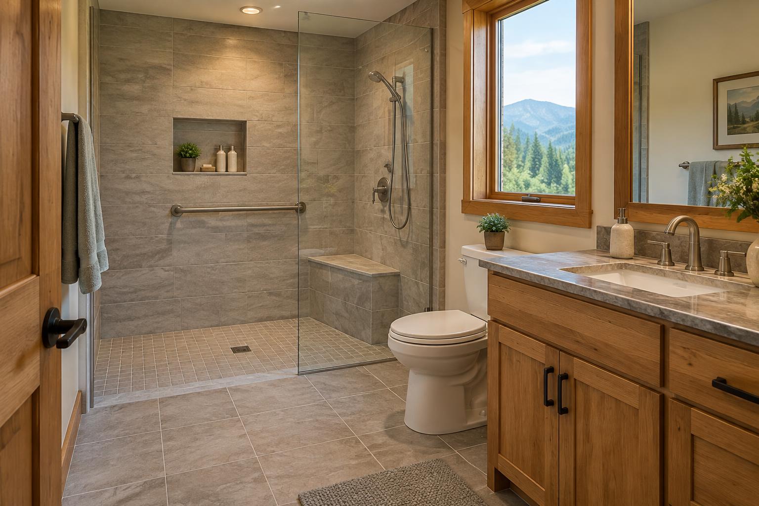 Low-threshold walk-in tile shower with bench, niche, and slip-resistant floor in a Brasstown, NC bathroom design