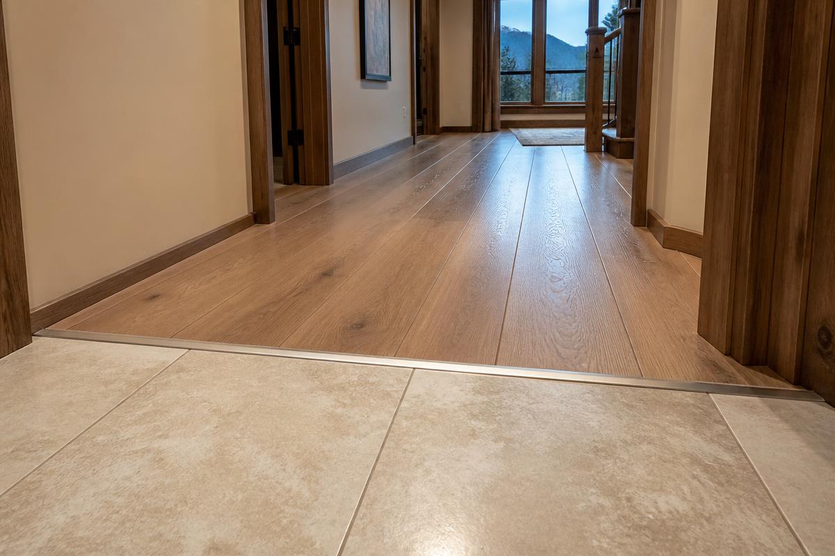 Clean metal transition strip where wood-look plank flooring meets large-format tile in a Blairsville, GA home hallway
